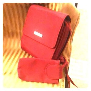 Red shoulder bag with phone case